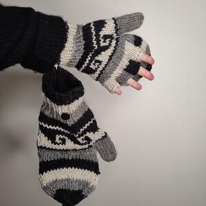 Knit Fingerless Gloves and Mittens Set with Geometric Pattern